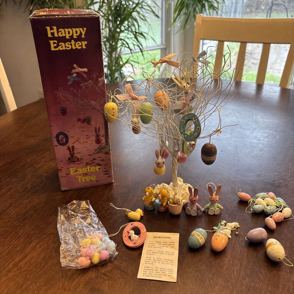 Vintage 8" Easter Tree with  Cute Variety of 24 + Hand-Painted Wood Ornaments